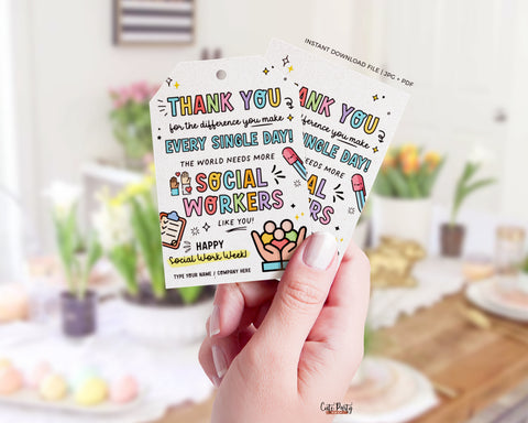 Social Worker's Month Gift Tags Printable INSTANT DOWNLOAD Editable School Social Work Appreciation Day Gift Survival Kit Card Thank You tag