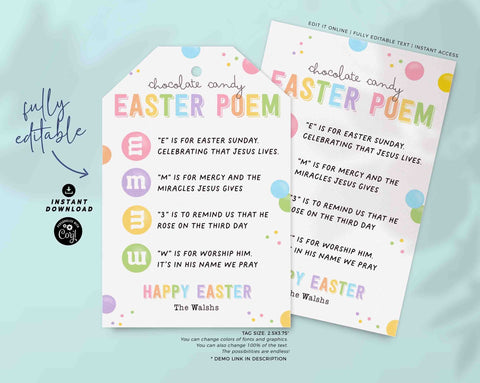 Easter Poem Chocolate Candy M&M Gift Tag Printable INSTANT DOWNLOAD Editable Religious Easter Basket Gift Kids Resurrection Jesus Sunday School