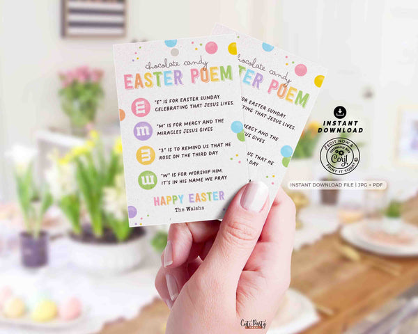 Easter Poem Chocolate Candy M&M Gift Tag Printable INSTANT DOWNLOAD Editable Religious Easter Basket Gift Kids Resurrection Jesus Sunday School