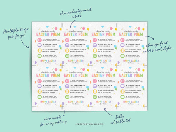 Easter Poem Chocolate Candy M&M Gift Tag Printable INSTANT DOWNLOAD Editable Religious Easter Basket Gift Kids Resurrection Jesus Sunday School