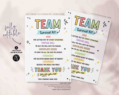 Team Survival Kit Tags Printable INSTANT DOWNLOAD Editable Staff Employee Appreciation Day Gift Survival Kit Card Thank You Candy Gift Idea