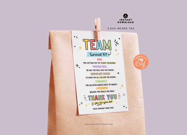 Team Survival Kit Tags Printable INSTANT DOWNLOAD Editable Staff Employee Appreciation Day Gift Survival Kit Card Thank You Candy Gift Idea