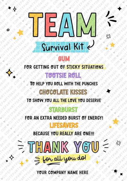 Team Survival Kit Tags Printable INSTANT DOWNLOAD Editable Staff Employee Appreciation Day Gift Survival Kit Card Thank You Candy Gift Idea