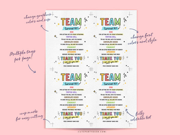 Team Survival Kit Tags Printable INSTANT DOWNLOAD Editable Staff Employee Appreciation Day Gift Survival Kit Card Thank You Candy Gift Idea