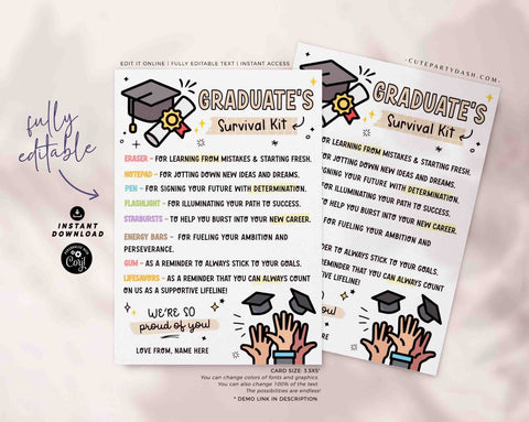 Graduate's Survival Kit Gift Tags Printable INSTANT DOWNLOAD Editable Congrats Grad Tag Graduation Gift Ideas College Graduation funny Card