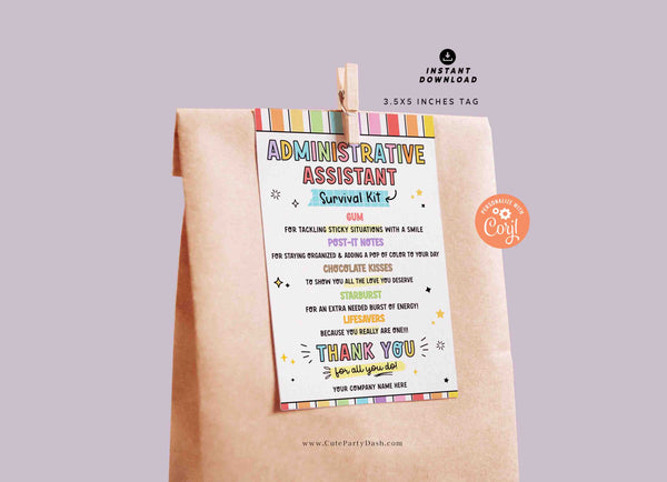 Administrative Assistant Survival Kit Tag Printable INSTANT DOWNLOAD Administrative Professionals Day Appreciation Thank You Secretaries Day