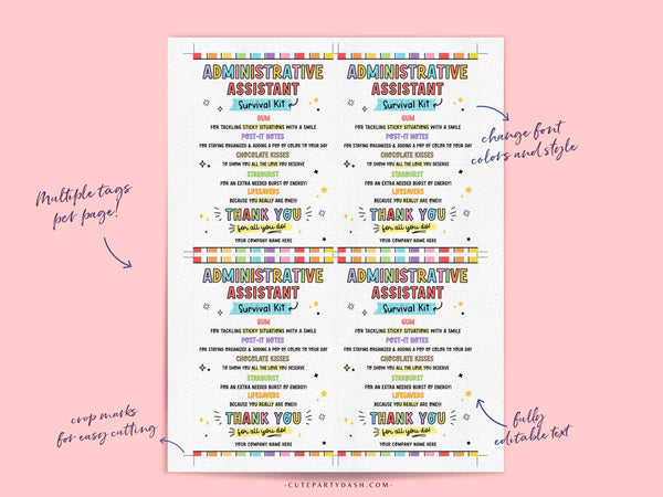 Administrative Assistant Survival Kit Tag Printable INSTANT DOWNLOAD Administrative Professionals Day Appreciation Thank You Secretaries Day
