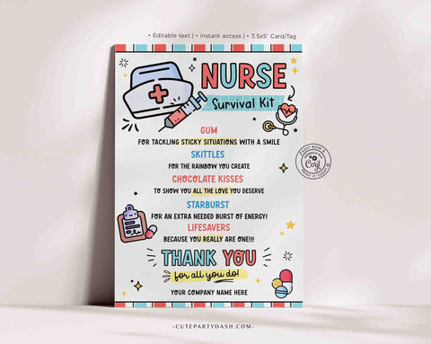 Nurse Survival Kit Gift Tag Printable INSTANT DOWNLOAD Editable Nurse Appreciation Week Gift for Medical Thank you Card Emergency Treat Pack