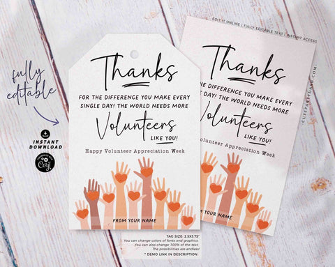 Volunteers Week Appreciation Gift Tag Printable INSTANT DOWNLOAD Editable Employee Appreciation Thank You Card Staff Team Member Label
