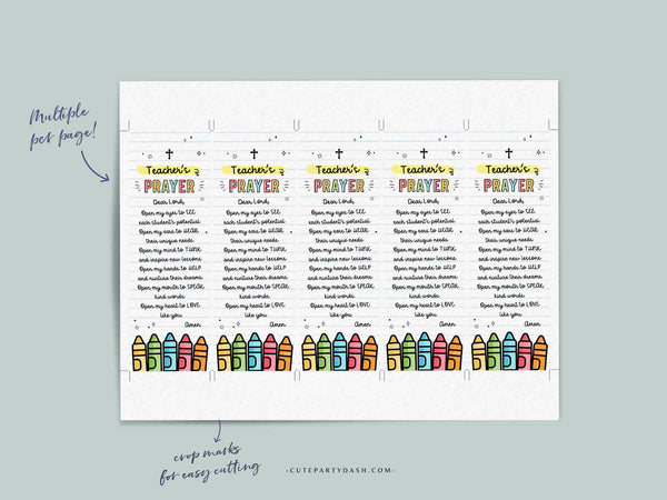 Teacher's Prayer Bookmark INSTANT DOWNLOAD Printable First Day of Sunday School Year Prayer bookmark Christian Teacher Appreciation Gift