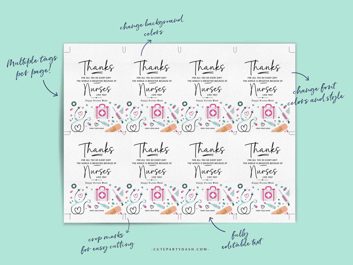 Nurses Week Gift Tags Printable INSTANT DOWNLOAD – Cute Party Dash