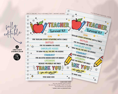 Teacher Survival Kit Printable Gift Tag INSTANT DOWNLOAD Editable Teacher Appreciation Week Gift for Teachers Back to School End of School