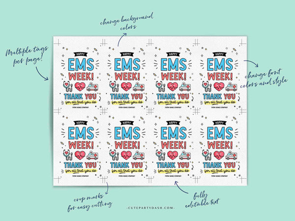 EMS Week Printable Gift Tag INSTANT DOWNLOAD Editable Happy Emergency Medical Services First Responder Gifts Thank You National ems Week