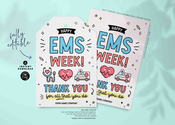 EMS Week Printable Gift Tag INSTANT DOWNLOAD Editable Happy Emergency Medical Services First Responder Gifts Thank You National ems Week