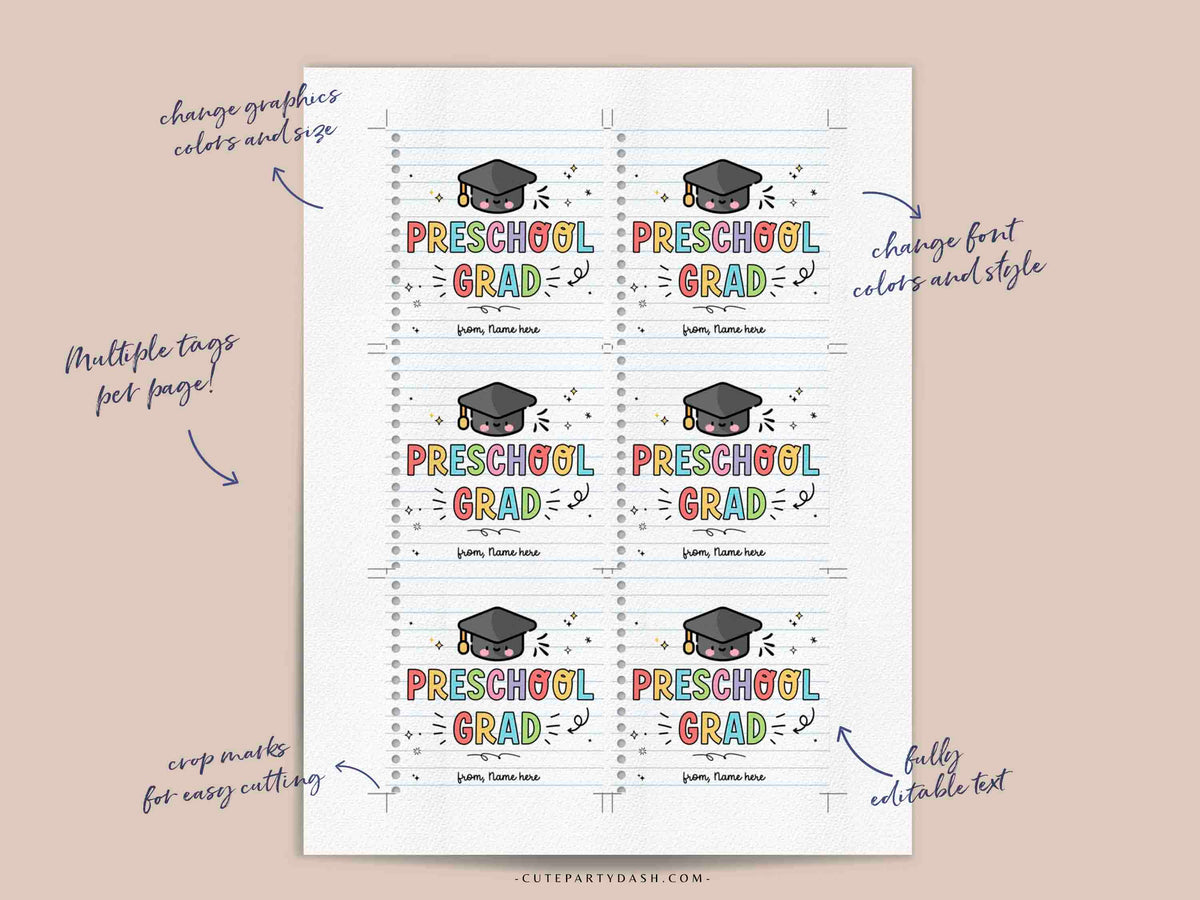 Preschool Graduation Tag Printable INSTANT DOWNLOAD – Cute Party Dash