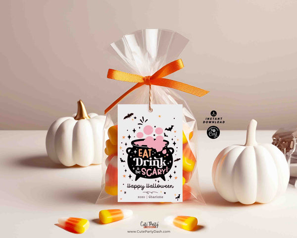 Eat, Drink, and Be Scary Halloween Gift tag Printable INSTANT DOWNLOAD Editable Happy Halloween treats Tag, halloween drink tag labels