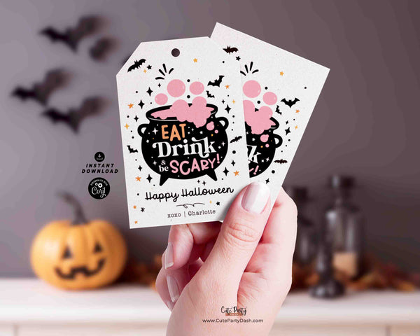 Eat, Drink, and Be Scary Halloween Gift tag Printable INSTANT DOWNLOAD Editable Happy Halloween treats Tag, halloween drink tag labels