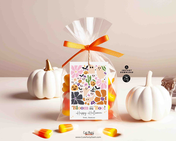 Boho Halloween Gift Tag Printable INSTANT DOWNLOAD EDITABLE Happy Halloween Bloom with Boo Candy bag Succulent Teachers kids classmate