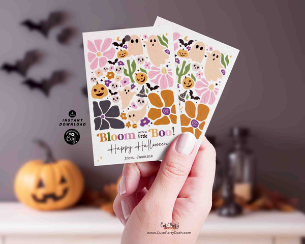 Boho Halloween Gift Tag Printable INSTANT DOWNLOAD EDITABLE Happy Halloween Bloom with Boo Candy bag Succulent Teachers kids classmate