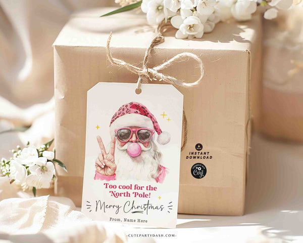 Cool Santa Christmas Gift Tag Printable INSTANT DOWNLOAD Editable Trendy Merry Christmas Gift Tag – Happy Holidays gift label