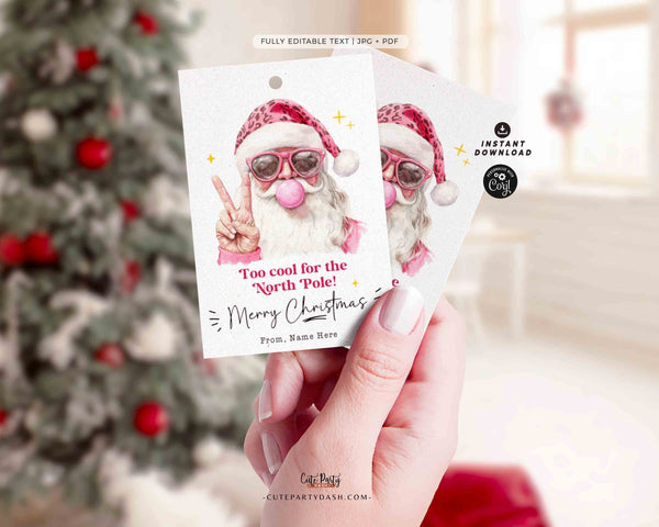 Cool Santa Christmas Gift Tag Printable INSTANT DOWNLOAD Editable Trendy Merry Christmas Gift Tag – Happy Holidays gift label