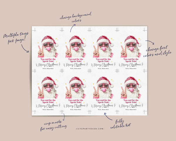 Cool Santa Christmas Gift Tag Printable INSTANT DOWNLOAD Editable Trendy Merry Christmas Gift Tag – Happy Holidays gift label