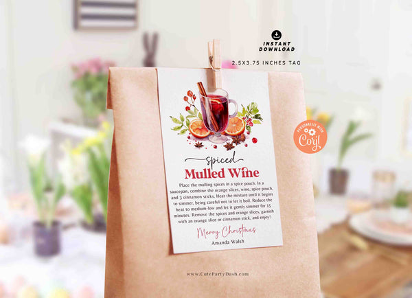 Mulled Wine Christmas Tag Printable INSTANT DOWNLOAD Editable Mulled Wine Recipe Kit Christmas Simmer Potpourri Instructions Nutmeg Tag