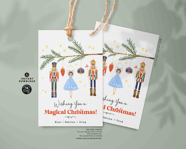 Nutcracker Christmas gift Tag Printable INSTANT DOWNLOAD, Editable Happy Holidays Merry Christmas Minimal Nutcracker & Ballerina Xmas Tag