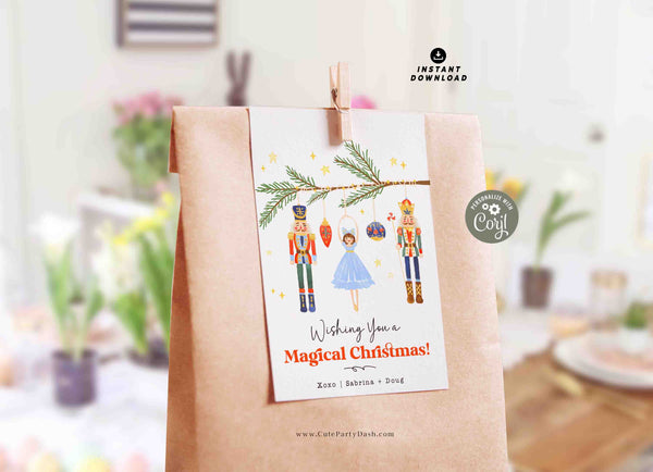Nutcracker Christmas gift Tag Printable INSTANT DOWNLOAD, Editable Happy Holidays Merry Christmas Minimal Nutcracker & Ballerina Xmas Tag