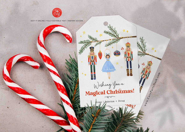 Nutcracker Christmas gift Tag Printable INSTANT DOWNLOAD, Editable Happy Holidays Merry Christmas Minimal Nutcracker & Ballerina Xmas Tag