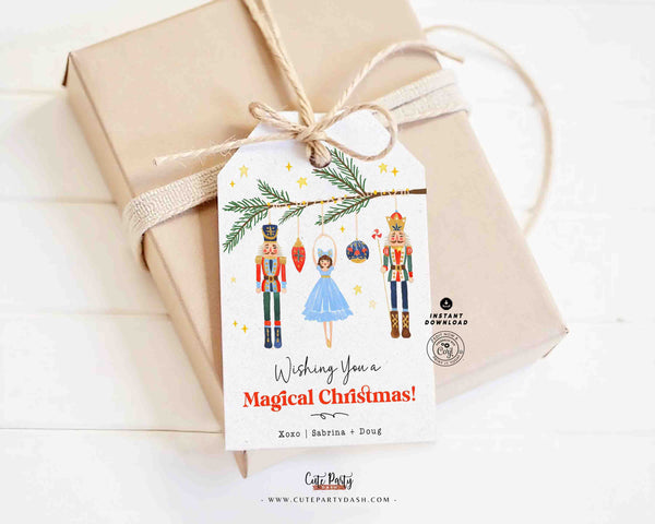 Nutcracker Christmas gift Tag Printable INSTANT DOWNLOAD, Editable Happy Holidays Merry Christmas Minimal Nutcracker & Ballerina Xmas Tag