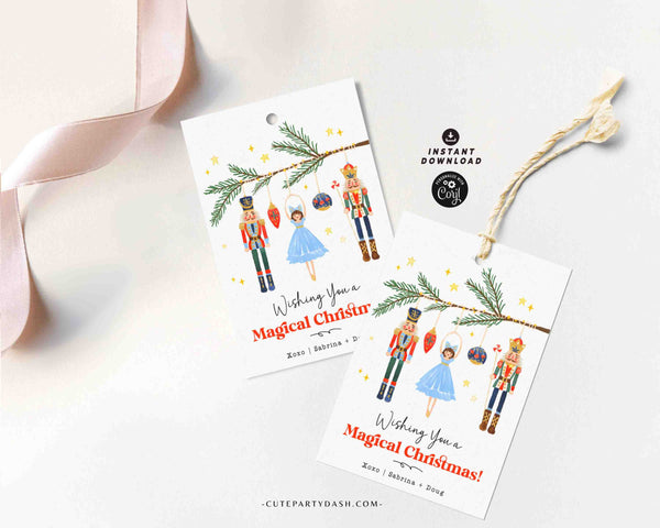 Nutcracker Christmas gift Tag Printable INSTANT DOWNLOAD, Editable Happy Holidays Merry Christmas Minimal Nutcracker & Ballerina Xmas Tag