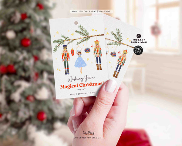Nutcracker Christmas gift Tag Printable INSTANT DOWNLOAD, Editable Happy Holidays Merry Christmas Minimal Nutcracker & Ballerina Xmas Tag