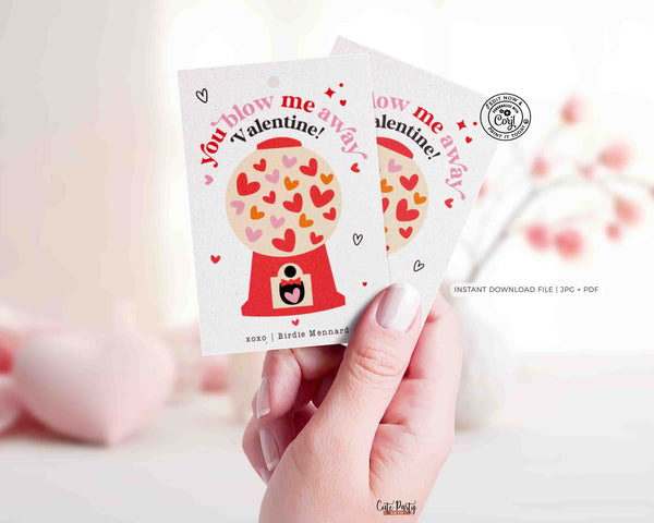 You Blow me Away Valentine's Day Gift Tag Printable INSTANT DOWNLOAD Kids Classroom Exchange  Bubble Gum  Valentine's Day Gift Label Sticker