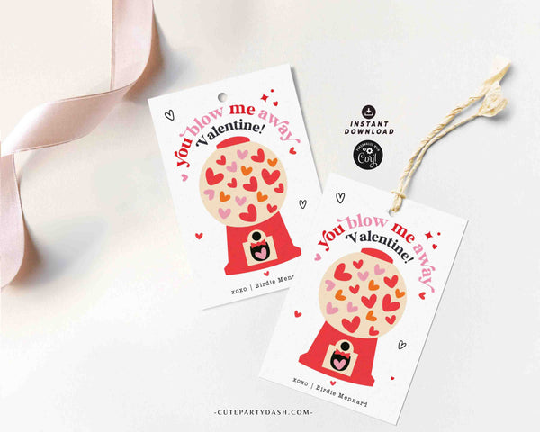 You Blow me Away Valentine's Day Gift Tag Printable INSTANT DOWNLOAD Kids Classroom Exchange  Bubble Gum  Valentine's Day Gift Label Sticker