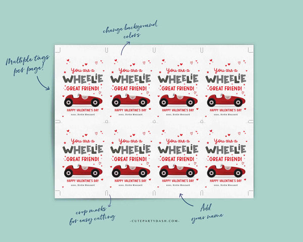 Wheelie Great Friend Valentine's Day Gift Tag Printable INSTANT DOWNLOAD Kids Classroom Toy Race Car Gift Editable Valentine Gift Tag Card