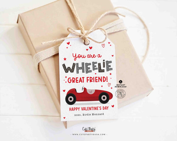 Wheelie Great Friend Valentine's Day Gift Tag Printable INSTANT DOWNLOAD Kids Classroom Toy Race Car Gift Editable Valentine Gift Tag Card