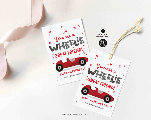 Wheelie Great Friend Valentine's Day Gift Tag Printable INSTANT DOWNLOAD Kids Classroom Toy Race Car Gift Editable Valentine Gift Tag Card