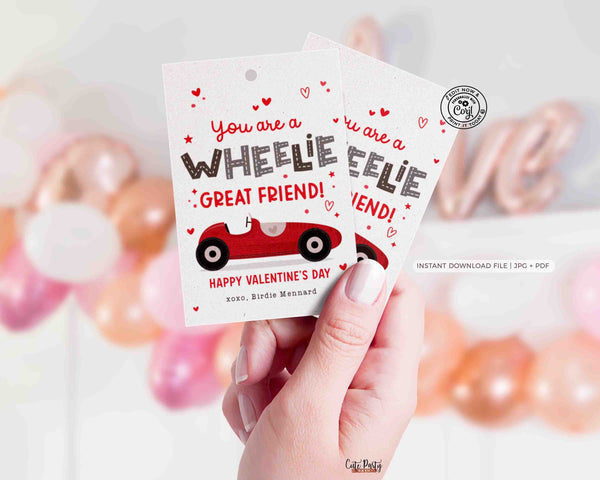 Wheelie Great Friend Valentine's Day Gift Tag Printable INSTANT DOWNLOAD Kids Classroom Toy Race Car Gift Editable Valentine Gift Tag Card