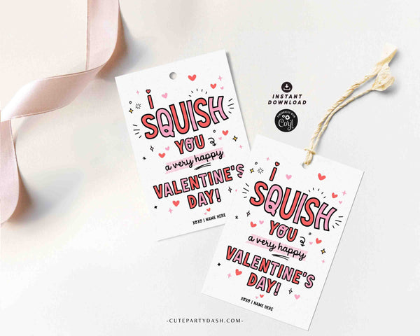 I Squish You a Happy Valentine's Day Gift Tag Printable INSTANT DOWNLOAD Non-Candy Squishy Toy EDITABLE Valentine Preschool Classroom Tag