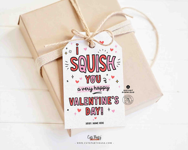 I Squish You a Happy Valentine's Day Gift Tag Printable INSTANT DOWNLOAD Non-Candy Squishy Toy EDITABLE Valentine Preschool Classroom Tag