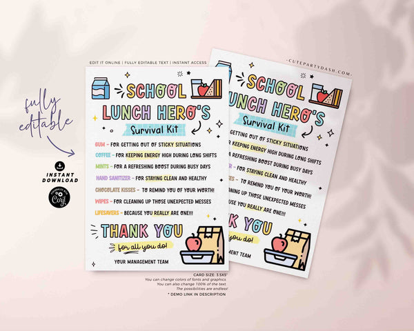 School Lunch Hero Day Survival Kit Tag Printable INSTANT DOWNLOAD Appreciation Gift Tag Lunch Hero Editable Thank You Tag Card