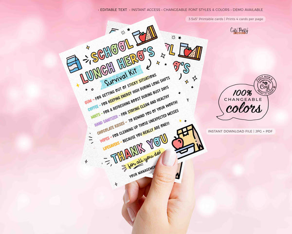School Lunch Hero Day Survival Kit Tag Printable INSTANT DOWNLOAD Appreciation Gift Tag Lunch Hero Editable Thank You Tag Card