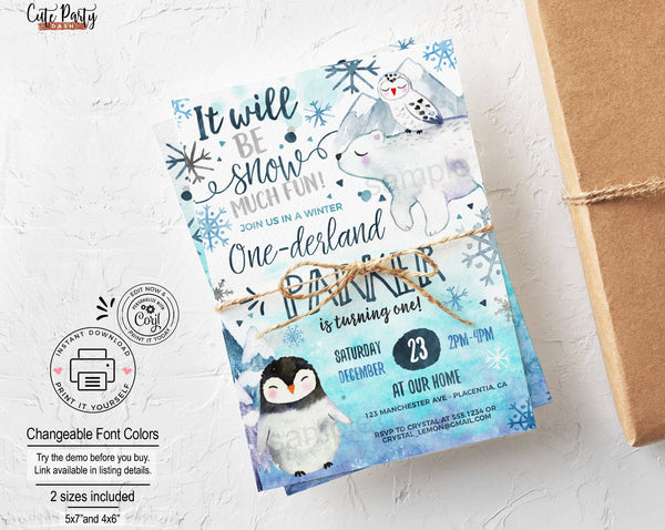 EDITABLE Winter ONEderland Birthday invitation watercolor, Wonderland invitation, Printable Little snowflake invite, 100 INSTANT DOWNLOAD
