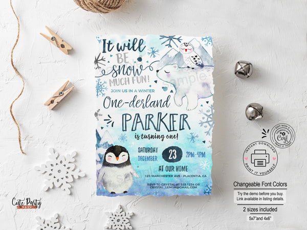 EDITABLE Winter ONEderland Birthday invitation watercolor, Wonderland invitation, Printable Little snowflake invite, 100 INSTANT DOWNLOAD