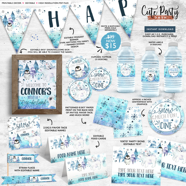 Winter ONEderland Birthday Photo invitation INSTANT DOWNLOAD Printable Wonderland EDITABLE invitation Penguin Little Snowflake 100