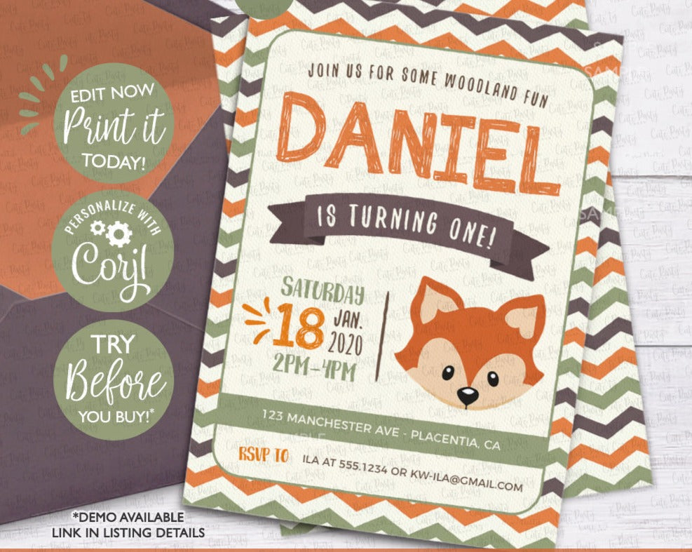 INSTANT DOWNLOAD Fox Birthday Decoration Woodland First Birthday