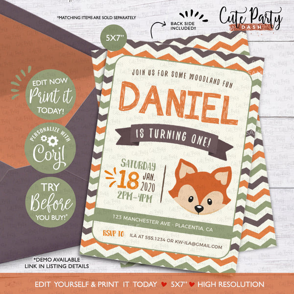 Fox Woodland Birthday invitation INSTANT DOWNLOAD Editable Boy Birthday Invite Printable Woodland Party First Birthday Digital Template