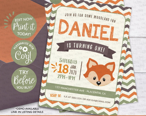 Fox Woodland Birthday invitation INSTANT DOWNLOAD Editable Boy Birthday Invite Printable Woodland Party First Birthday Digital Template