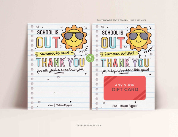 End of Year Teacher Gift Card Holder Summer Thank You Gift Card Holder template Printable Teacher Appreciation Week Gift INSTANT DOWNLOAD